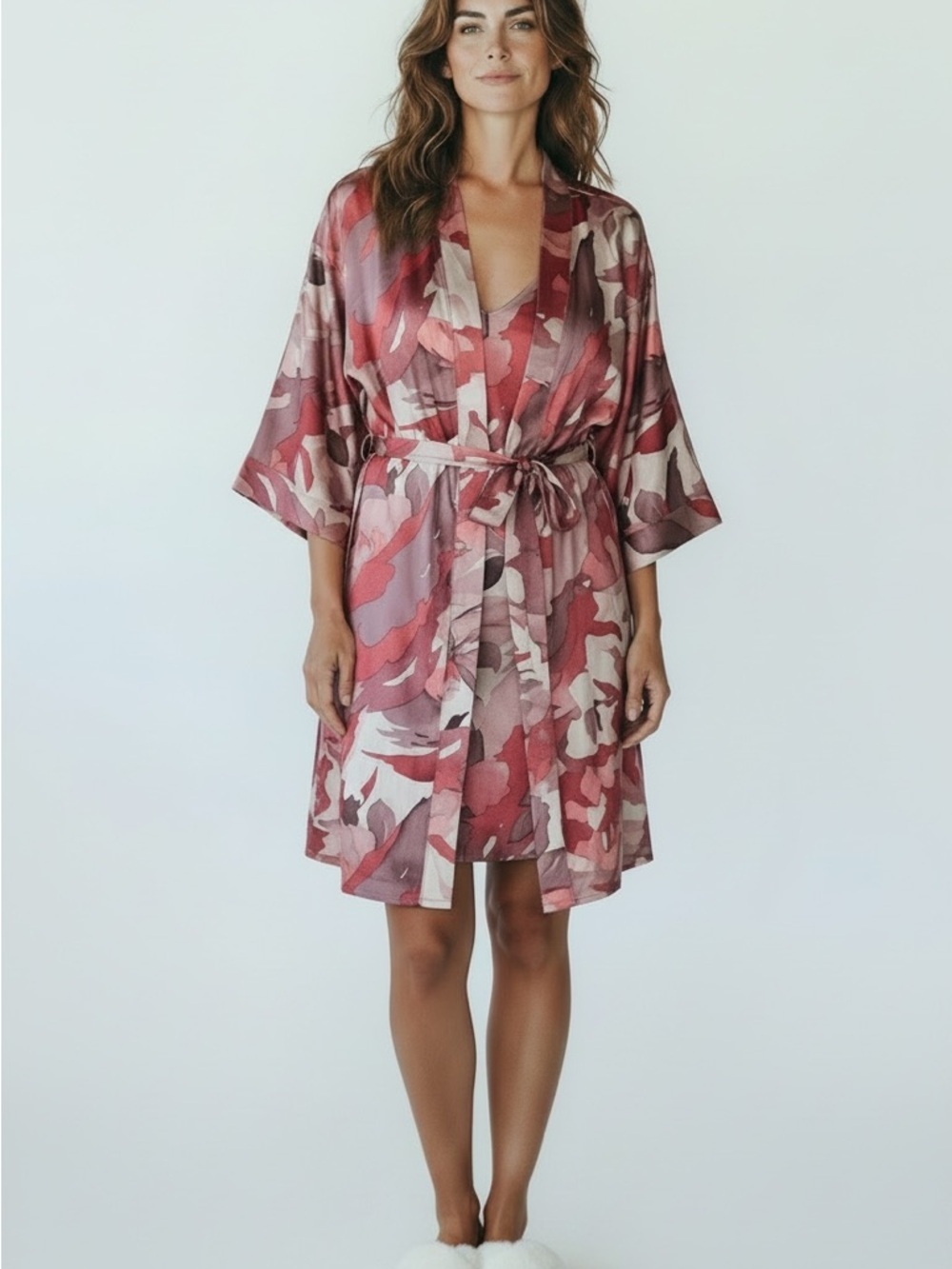 stars above Mauve Floral Satin Nightgown & Wrap Robe
